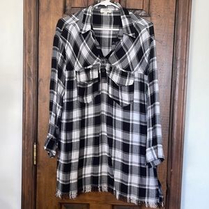 Umgee Buffalo plaid fringe tunic
